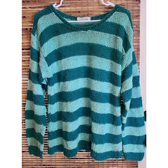 Hand Knit Striped Sweater Teal & Aqua Pullover Long Sleeve Women’s M 21x26 - Picture 1 of 5